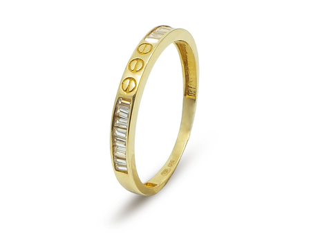 Prsten ze žlutého zlata s obdélníkovými zirkony a rytím 10