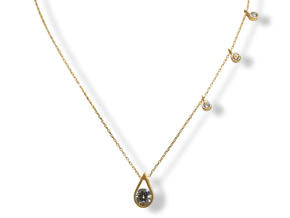 Asymetrický náhrdelník ze žlutého zlata s kapičkou a zirkony 7